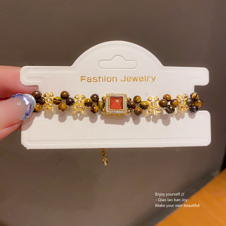 Gold - Toned Bracelet With Tiger Eye Beads And Red Gemstone Rhinestone Accent Delicate Daily & Trendy Jewelry Gift For Her Unique And Stylish Accessor