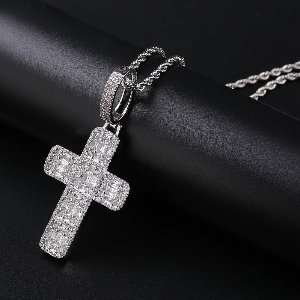 Baguette Cross Chain 14K Gold Plated Trendy Hip Hop Men Women Religious Jewelry Iced Out Moissanite Jesus Pendant Necklace