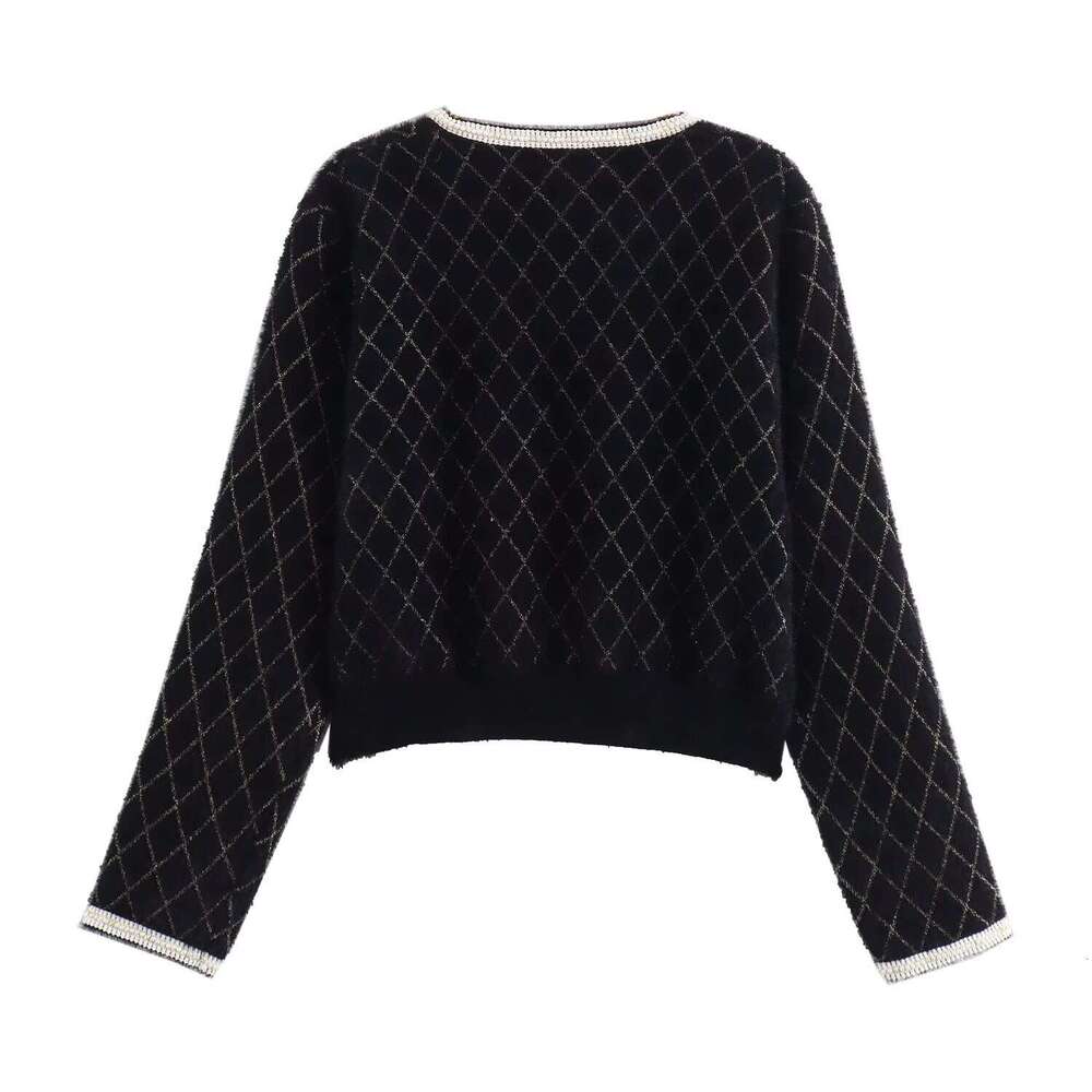 DHEssentials 2025 Autumn New French Style Small Fragrance Diamond Gold Thread Pearl Ribbon V-neck Long Sleeve Knitted Sweater Cardigan