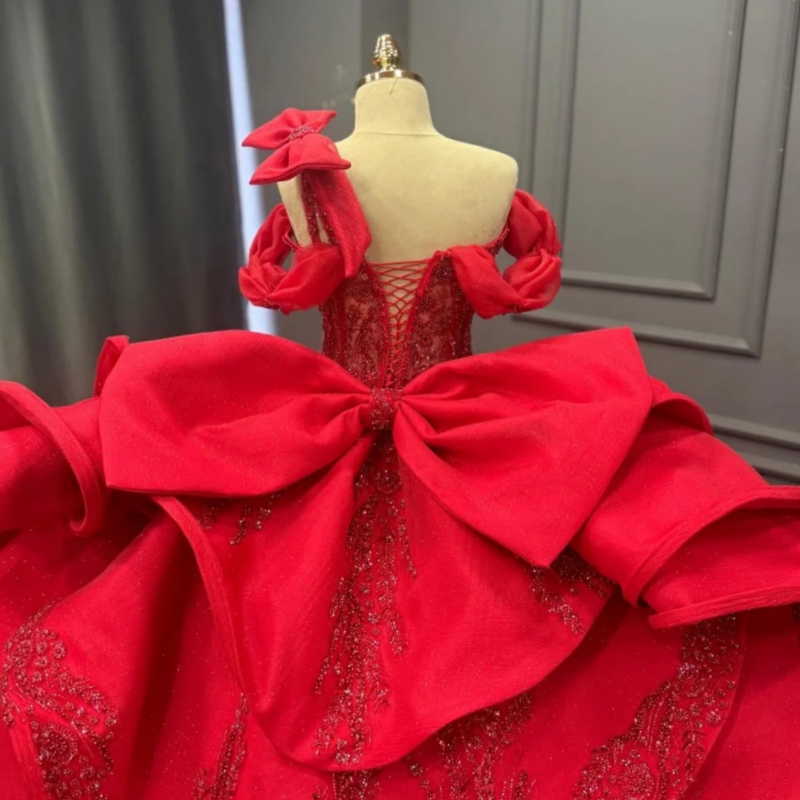 Red Shiny Ball Gown Quinceanera Dresses Off The Shoulder Sequin Applique Bow Beading Corset Tull Party Birthday Sweet 16 Dress Vestidos 15 De Anos