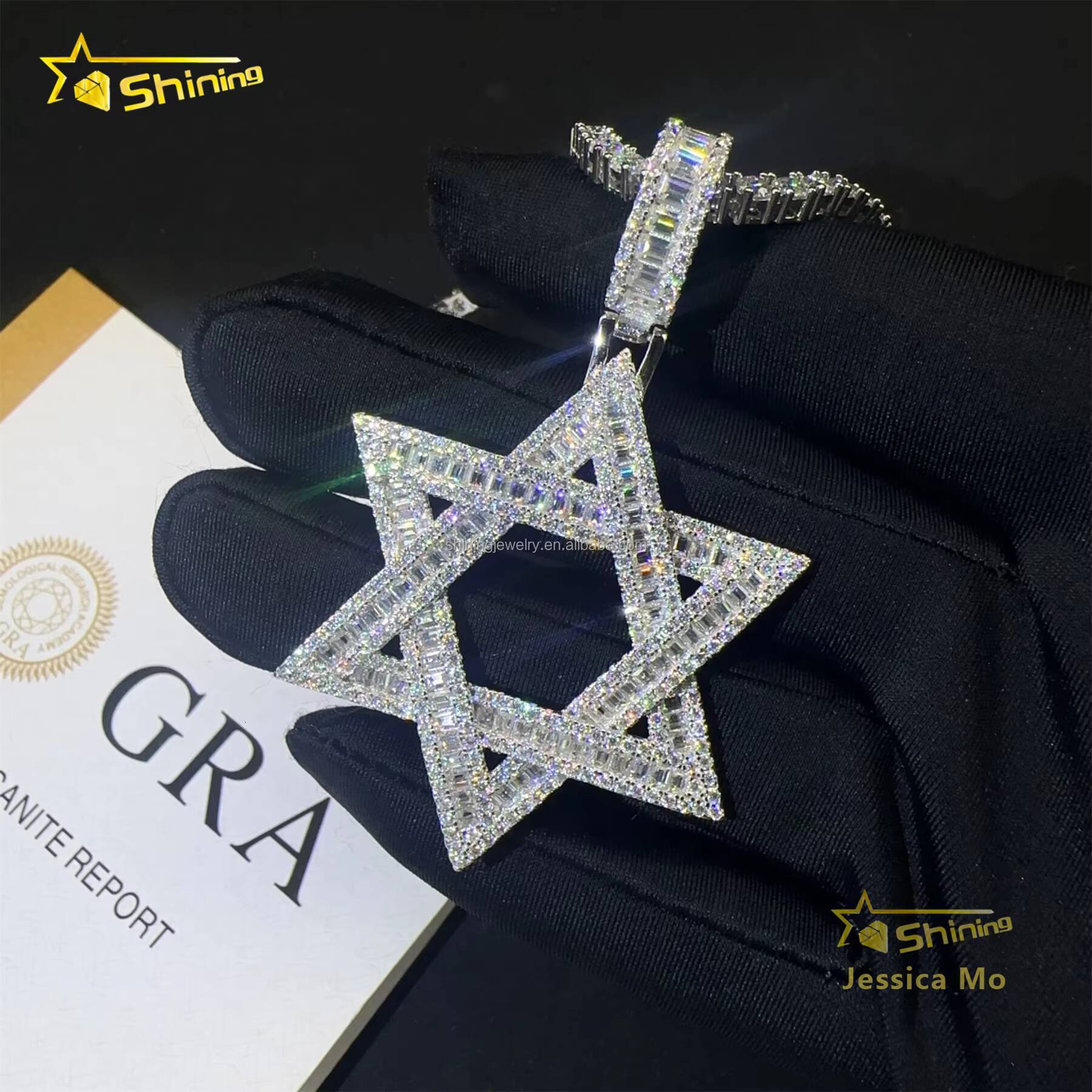 Drop Shipping Hot Selling Iced Out Rapper Pendant 925 Silver Vvs Baguette Moissanite Diamond Hip Hop Star Pendant Necklace Set