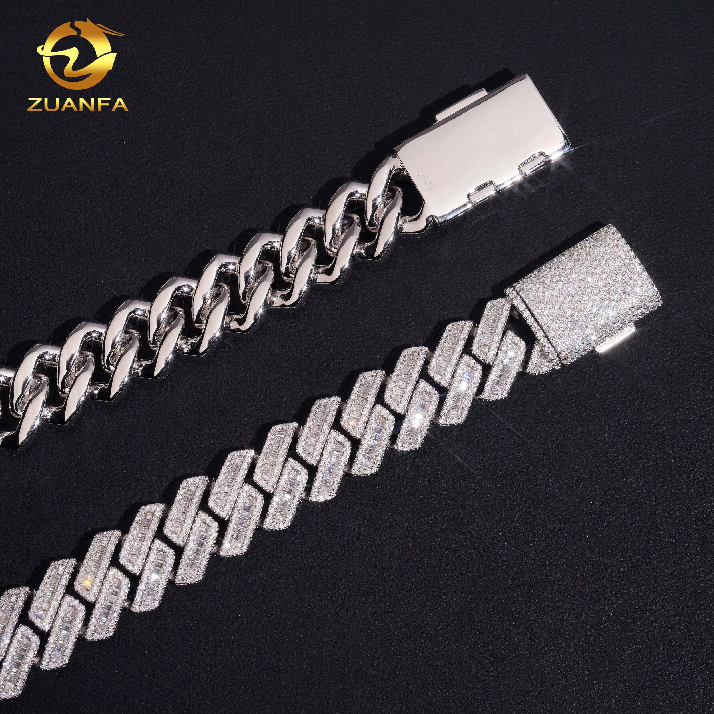 USA Local Stock Fast Shipping18mm Baguette Moissanite Pass Diamond Test 925 Silver Gold Plated Cuban Link Chain