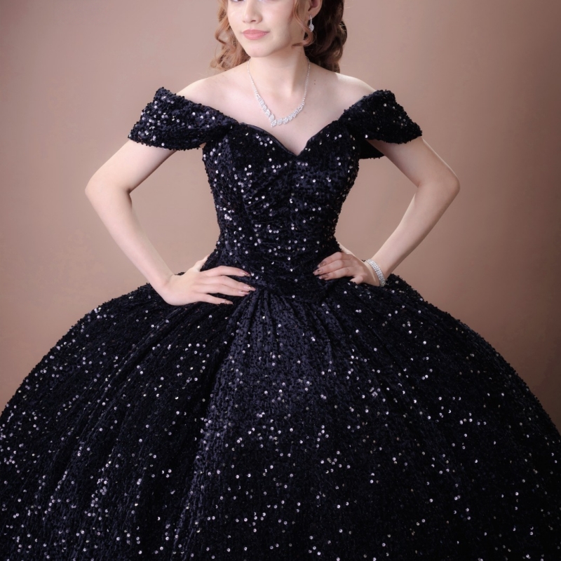 Black Shiny Ball Gown Quinceanera Dresses Off The Shoulder Sequin Beads Party Birthday Sweet 16 Dress Vestidos 15 De Anos