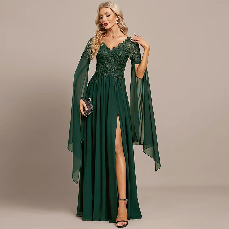 Chiffon Mother of The Bride Dress Long Sleeves V Neck Illusion Back Applique A Line High Split Wedding Party Dresses Guest Gown