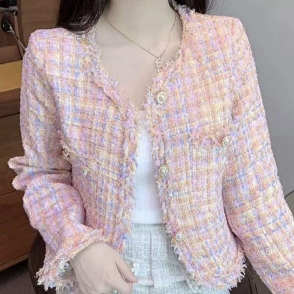 DHEssentials Spring Summer New Elegant Socialite Little Chanel Style Coat for Women Pink Tweed Frayed Edge High-end Small Short Top