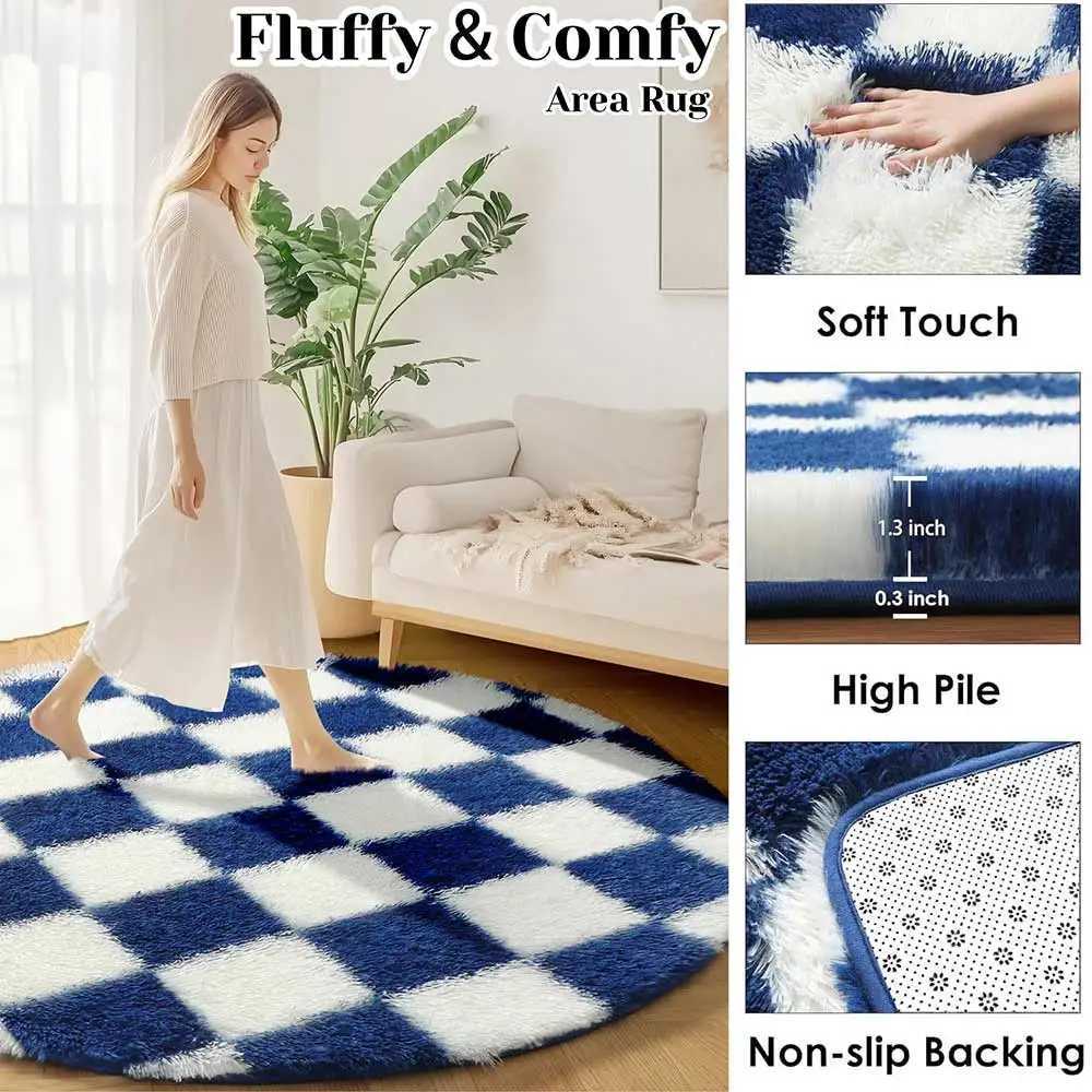 Modern Checkerboard Round Rug Soft Plush Rugs Circular Carpet for Home Decor Nursery Game Mat Childrens Bedroom Bedside Mats C250912