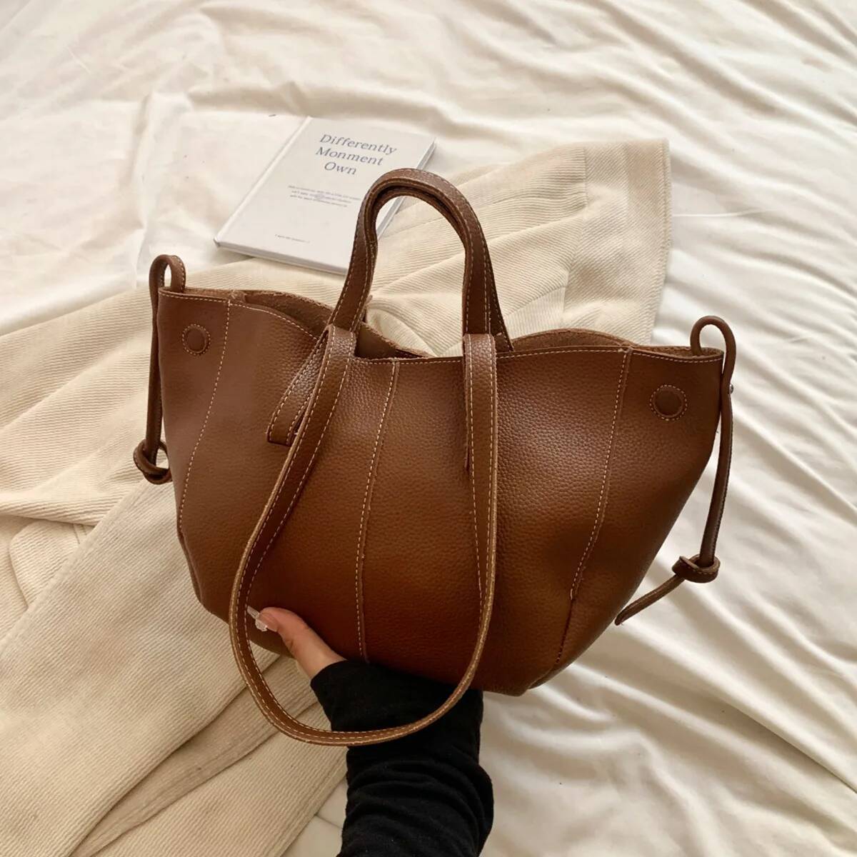 Large Capacity Leather Women s Commuting Bag Shopping Travel Bag Lychee Pattern Solid Color Simple Style Women s Shoulder Bag Versatile Handbag