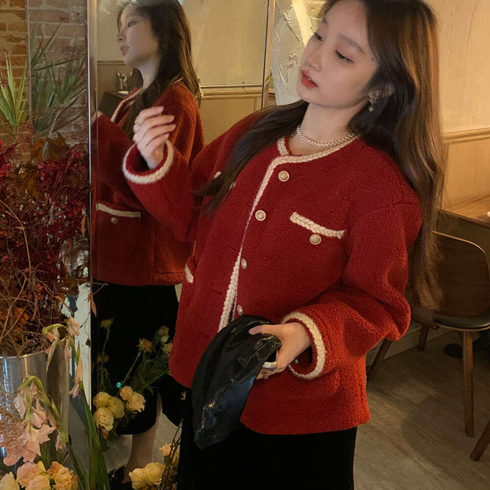 DHEssentials Red Little Chanel Style Lamb Wool Coat Women, Unique Design, Autumn Winter New Thickened and Fleece-Lined Top for Students