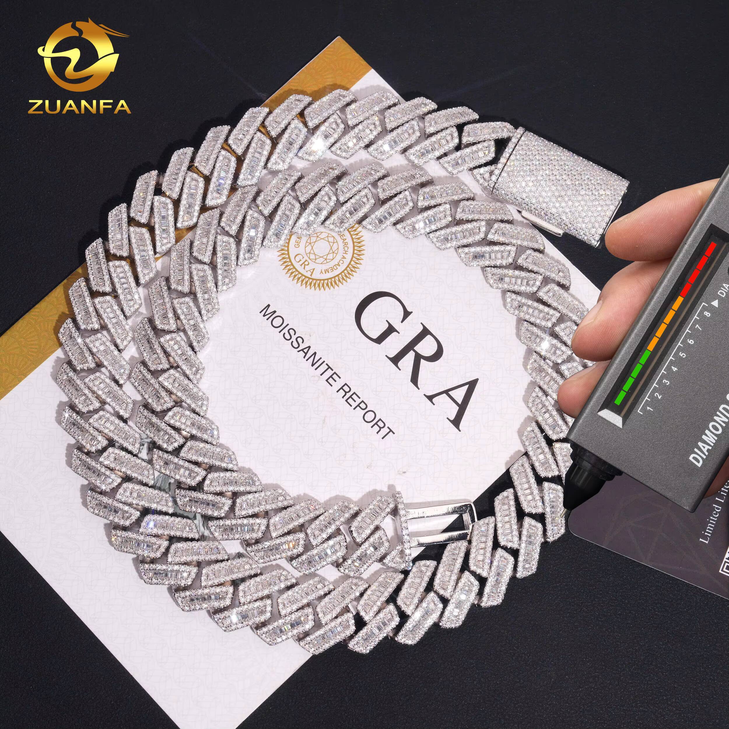 USA Local Stock Fast Shipping18mm Baguette Moissanite Pass Diamond Test 925 Silver Gold Plated Cuban Link Chain