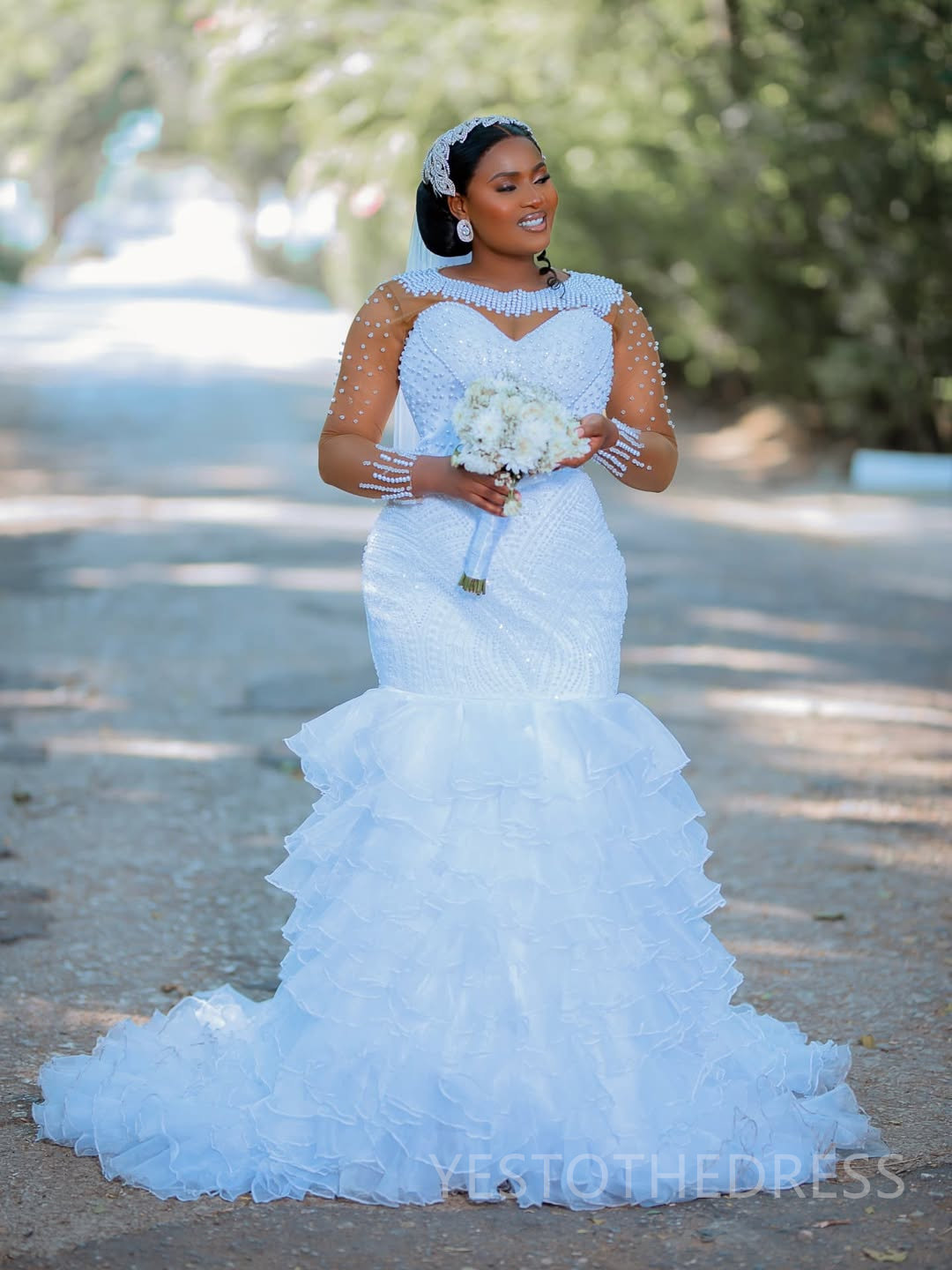 2025 Aso Ebi African Wedding Dress Bridal Gowns For Bride Mermaid Sheer Neck Pearls Illusion Beaded Lace Tires Appliqued Lace Wedding Gowns For Black 