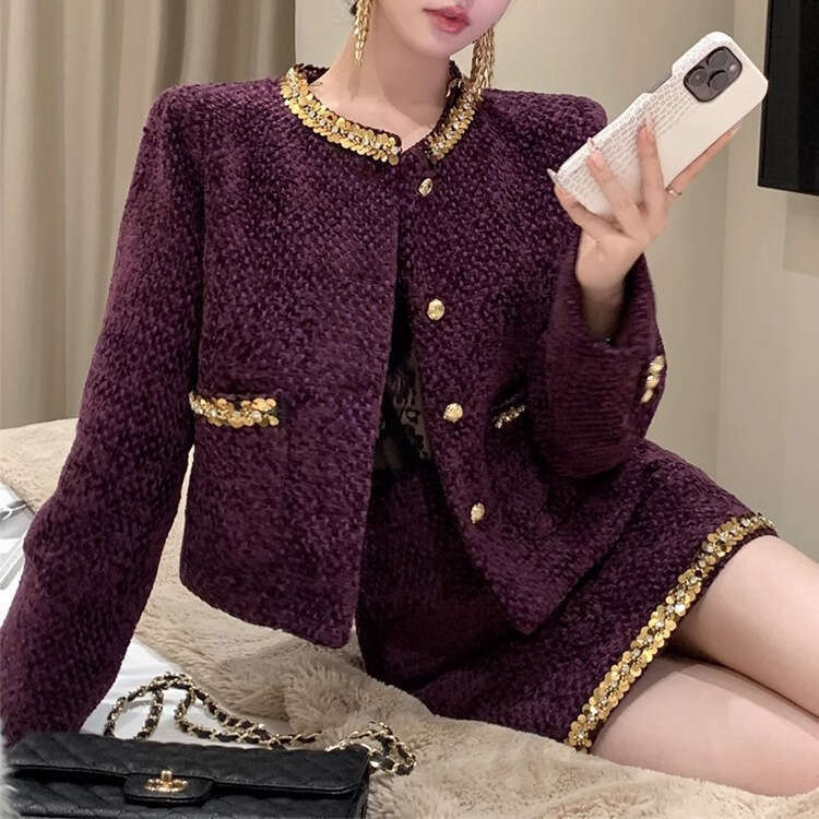 DHEssentials French Rich Lady Socialite Little Chanel Style Set 2025 Autumn Winter New Black Sequin Woolen Blazer for Women