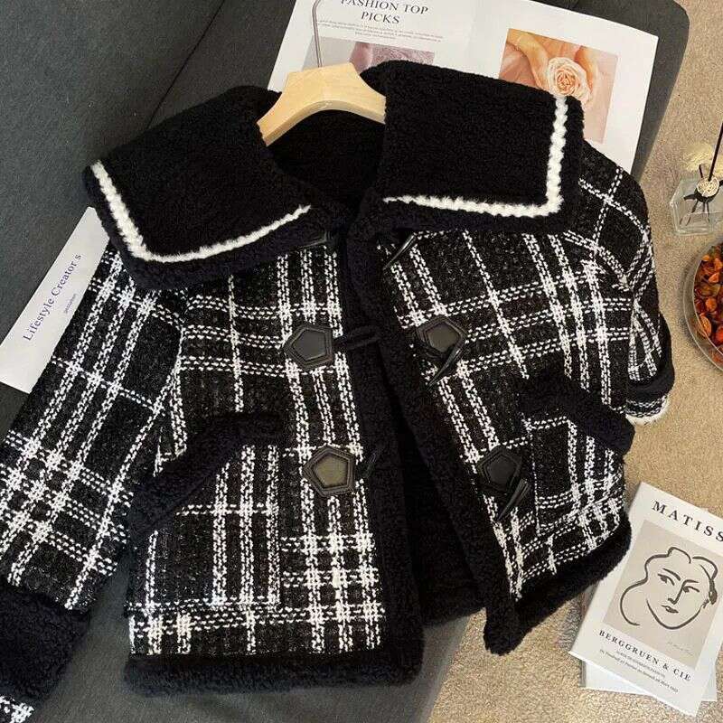 DHEssentials French Style Small Fragrance Coat for Women, Exquisite and High-end Feel, Spring, Autumn, Winter Short Black Plaid Navy Collar Top