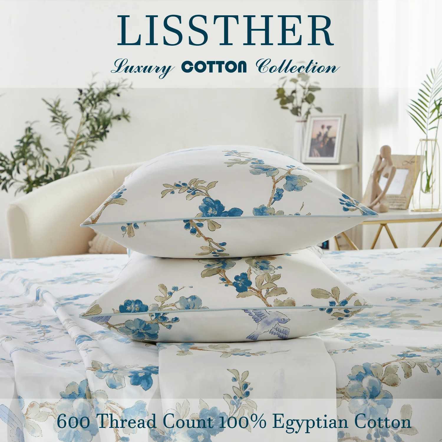 3pcs 600TC 100 Egyptian Cotton Duvet Cover Set Blue Watercolor Floral Soft Breathable SkinFriendly No Inserts C250912