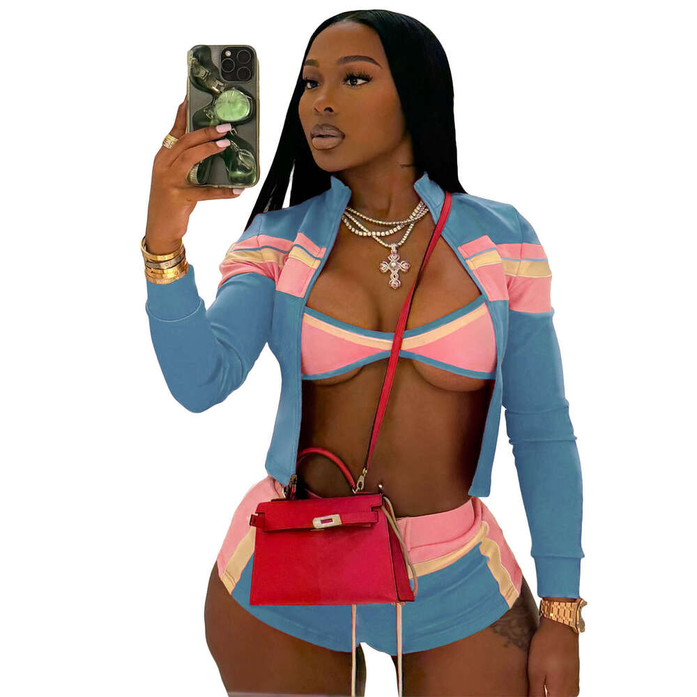 European and American Fashion Women Clothing Printed Patchwork Long Sleeve Off-Shoulder Strap Hot Pants Three-Piece Set for Women