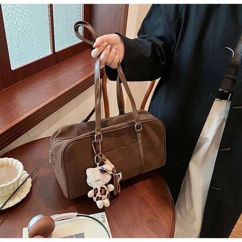 Premium Feeling Suede Frosted Boston Tote Pillow Large Capacity Commuter Casual Solid Colour Shoulder Women's Bag