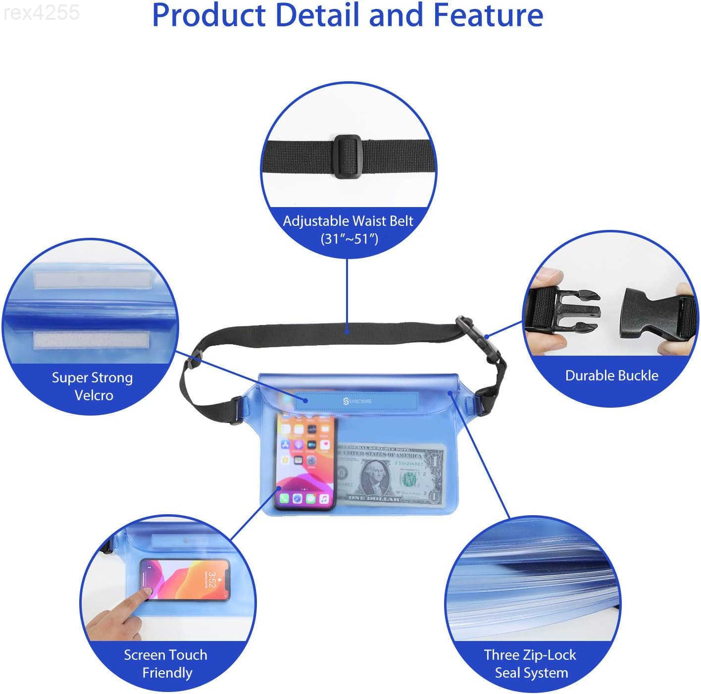 Waterproof Pouch Bag with Adjustable Waist Strap 2 Pack IP68 Waterproof Waist Bag Screen Touchable Dry Bag with Adjustable Belt for Beach Swimming Boa