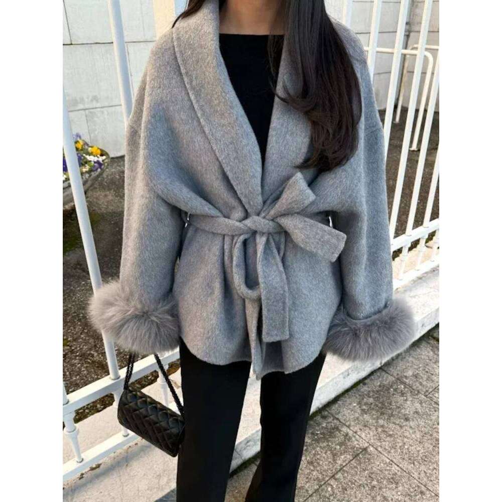 Elegant Lace Up Woolen Short Coat Solid Loose Lapel Furry Belt Long Sleeve Female Jacket 2025 Autumn Winter Lady Chic Cardigan