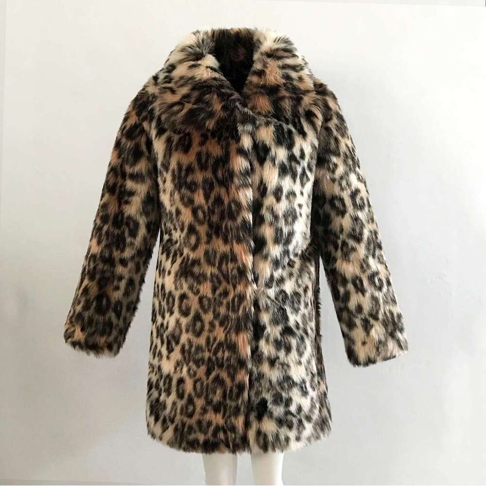 Turn-Down Collar Leopard Print Long Faux Fur Thickened Autumn Winter Mid-Length Coat