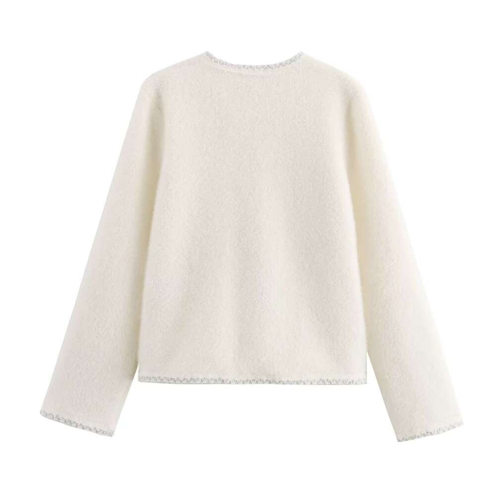 DHEssentials 2025 Autumn New French Style Gentle Pearl Shiny Lace Trim Knitted Cardigan Sweater