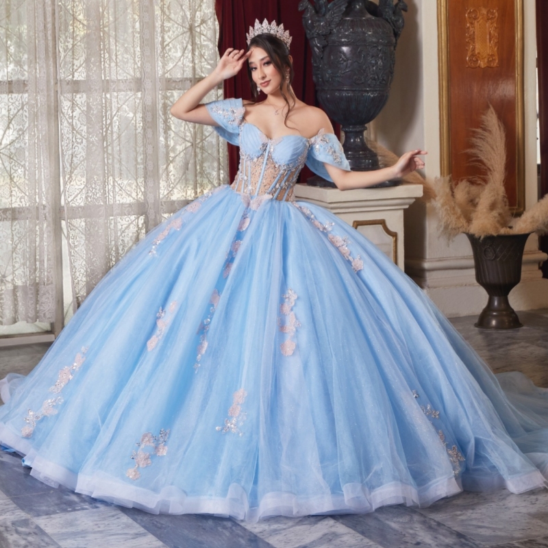 Sky Blue Shiny Ball Gown Quinceanera Dresses Off The Shoulder Sequin Applique Bow Beads Corset Tull Party Birthday Sweet 16 Dress Vestidos 15 De Anos