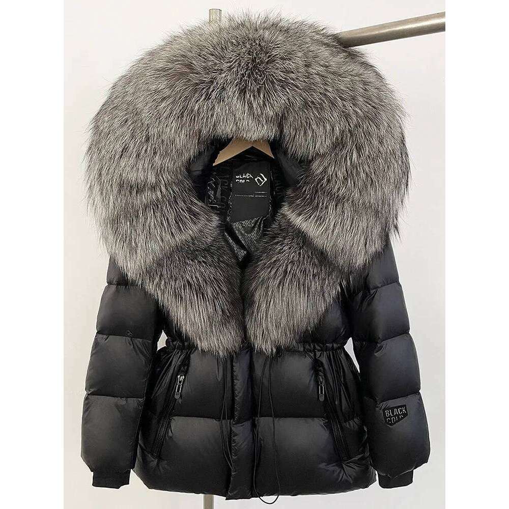 ZMEENNA Women's Black Puffer Down Jacket With Oversized Real Fur Hood Winter Warm Coat Luxurious Quilted Outerwear Zm3375