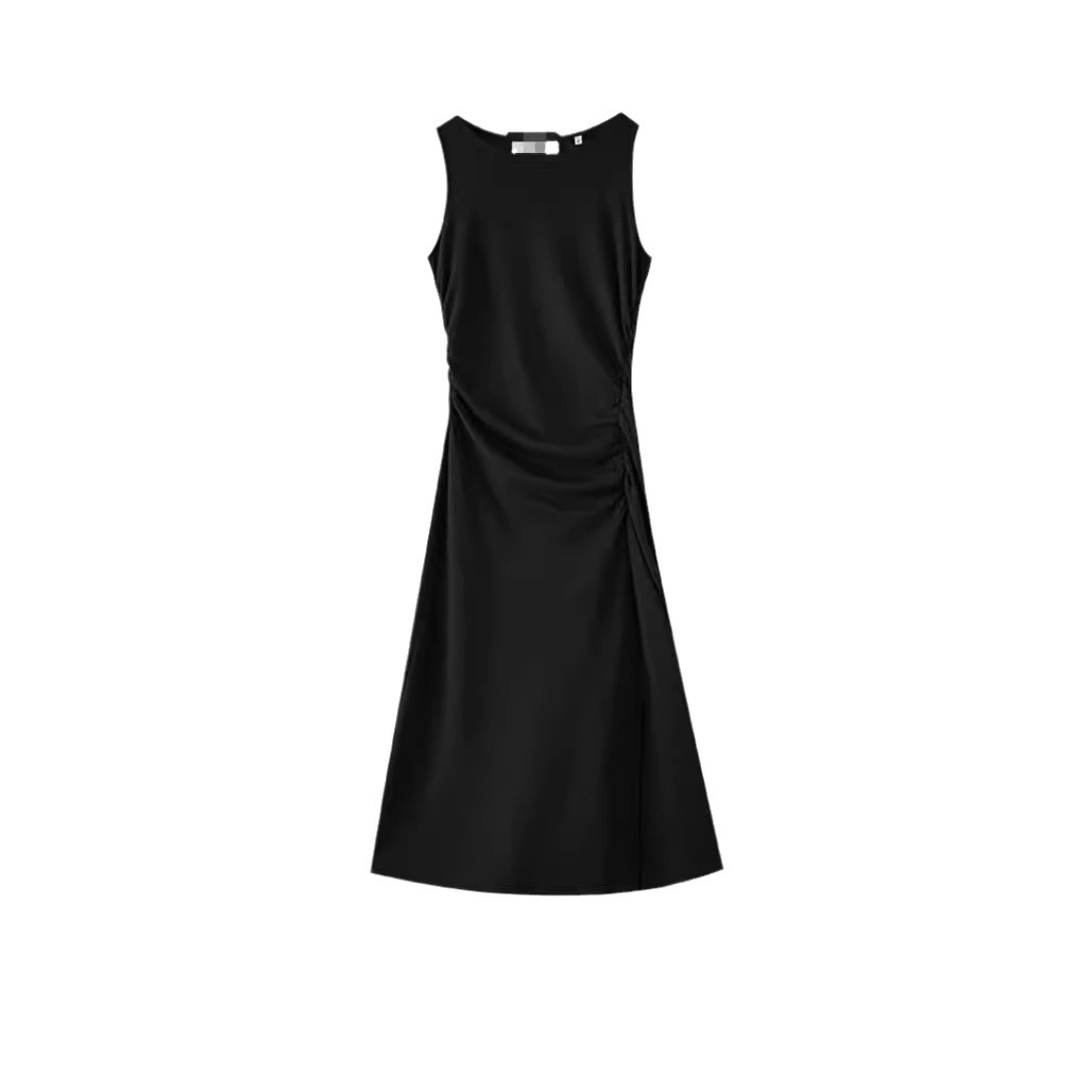 X3326 New slim-fit niche simple solid color round neck pleated sleeveless knitted dress