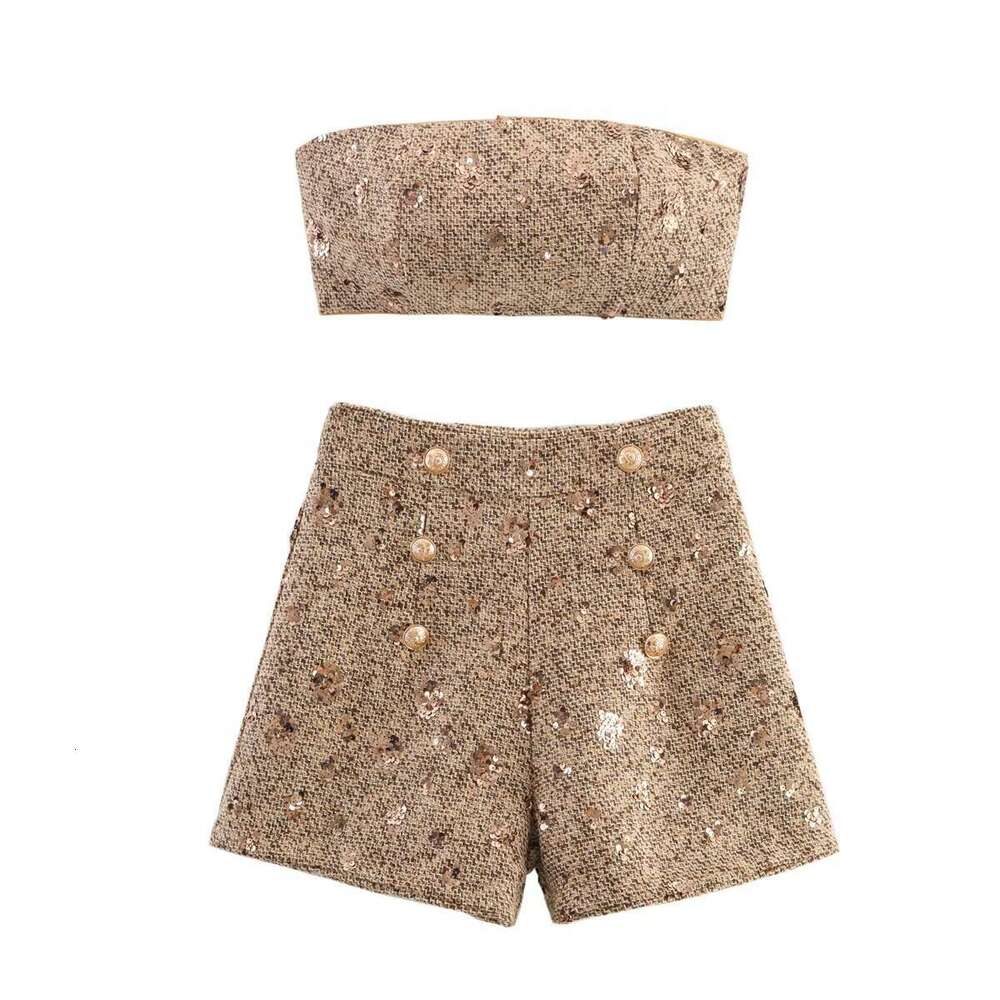 DHEssentials 2025 New Fashionable Elegant Women's Clothing Small Fragrance Style Sequin Embellished Strapless Two-Piece Set