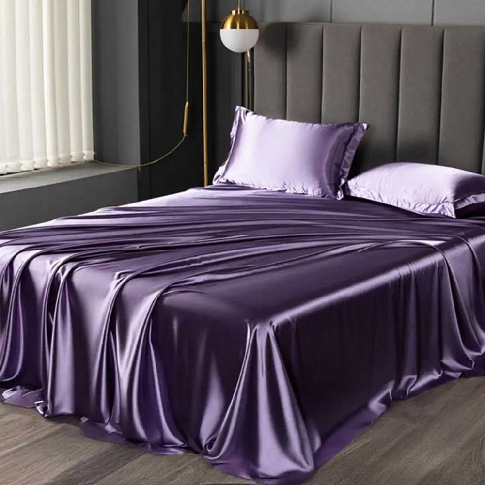 Glossy Satin Silk Bed Sheet With 2 Pillowcase TwinFullQueenTop Sheets Solid Color Flat Bed Sheets Smooth Bed Sheet Sets C250912