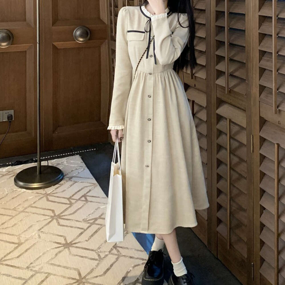 DHEssentials Chanel Style for Women, Autumn Winter 2025 New Elegant Socialite Waist Slimming Mid-Length Tie Long Sleeve Dress