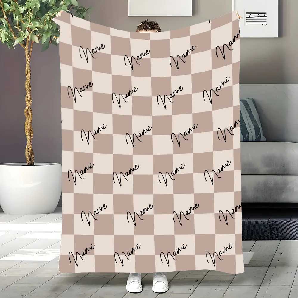 Personalized custom name light brown checkered velvet blanket soft and warm suitable for sofa bed office travelXJ250912