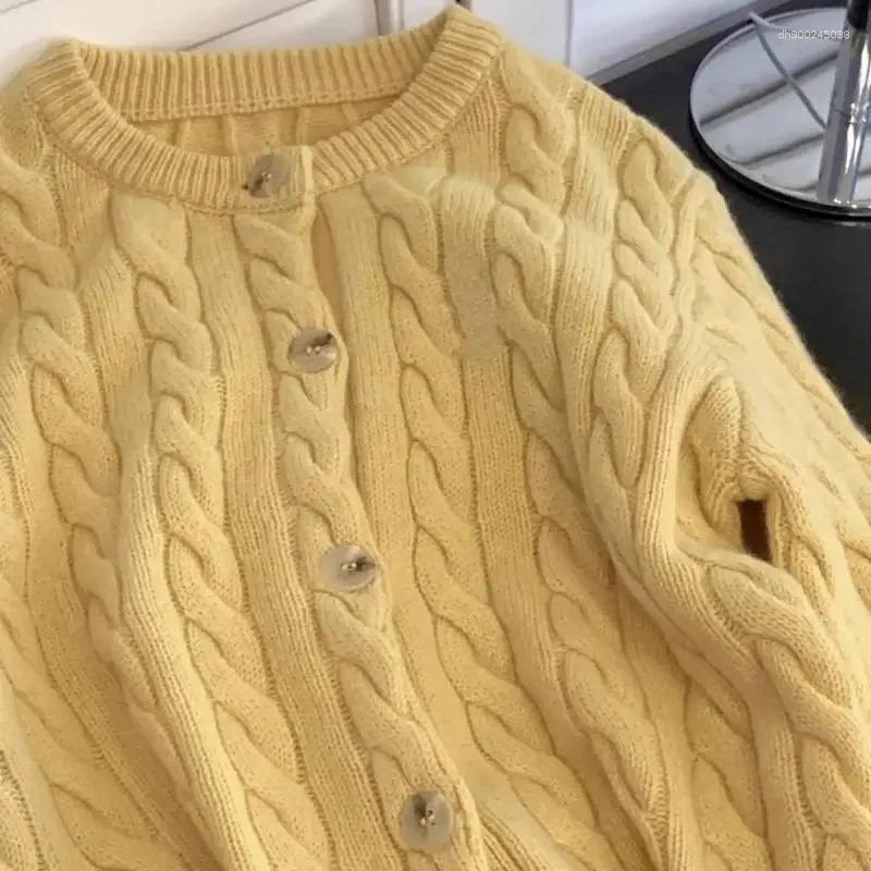 Women's Sweaters Loose Knitted Yellow Twist Open Cardigan Short Style Early Spring 2025 Sweater Top Crew Neck Pattern