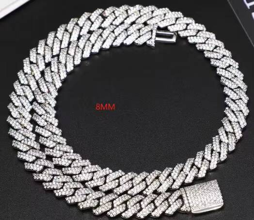 8MM Moissanite Cuban Chain 925 Sterling Silver Moissanite Cuban Link Chain Punk Cuban Chain Hip Hop Silver Necklace Bracelets