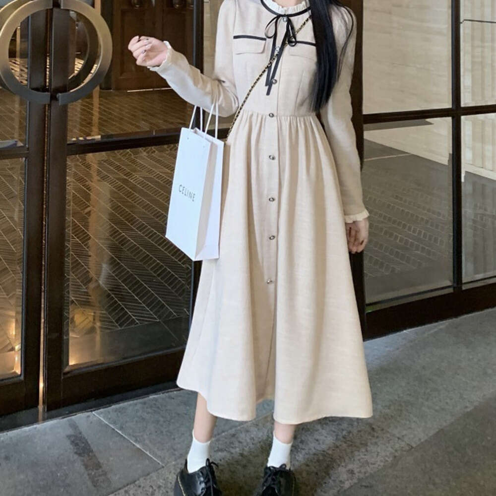 DHEssentials Chanel Style for Women, Autumn Winter 2025 New Elegant Socialite Waist Slimming Mid-Length Tie Long Sleeve Dress