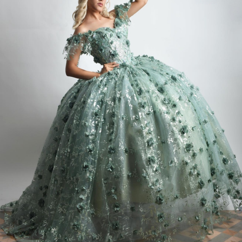Mint Green Shiny Ball Gown Quinceanera Dresses Off The Shoulder Sequin Applique Flower Beads Party Birthday Sweet 16 Dress Vestidos 15 De Anos