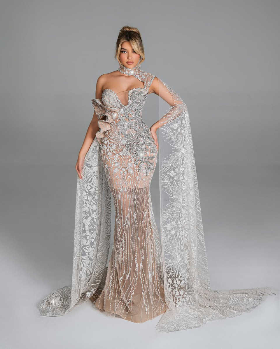 Sparkly Sequins Mermaid Evening Dresses With Cape One-Shoulder Crystals Beaded Prom Gowns For Formal Party Custom Made