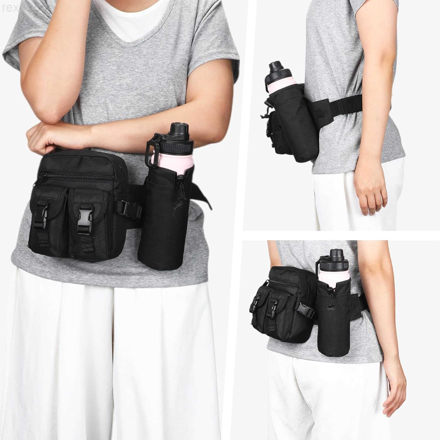 Fanny Pack with Water Bottle Holder Waist Bag for Men Women Waist Bag Hip Bum Bag for Running Walking Hiking Cycling Outdoor BlackW250912