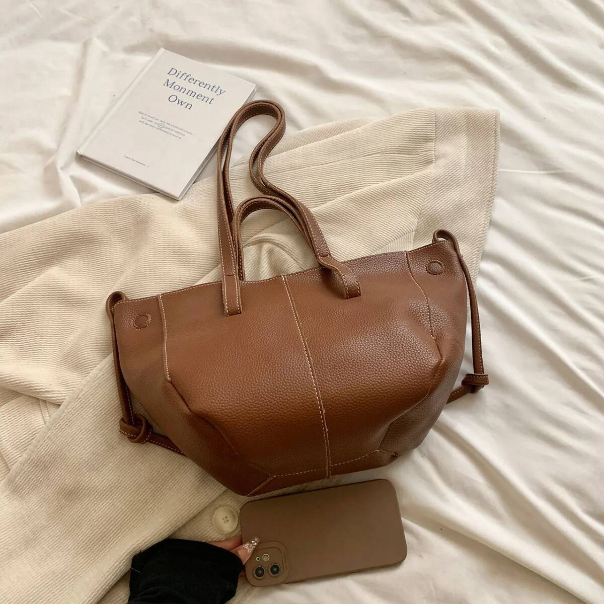 Large Capacity Leather Women s Commuting Bag Shopping Travel Bag Lychee Pattern Solid Color Simple Style Women s Shoulder Bag Versatile Handbag