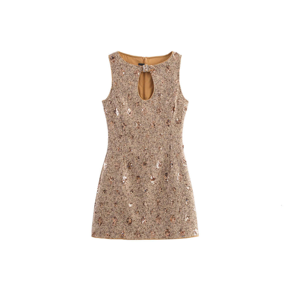 DHEssentials Summer New Women's Fashion Elegant Hollow Out Simple Sleeveless Design Beaded Chanel Style Dress