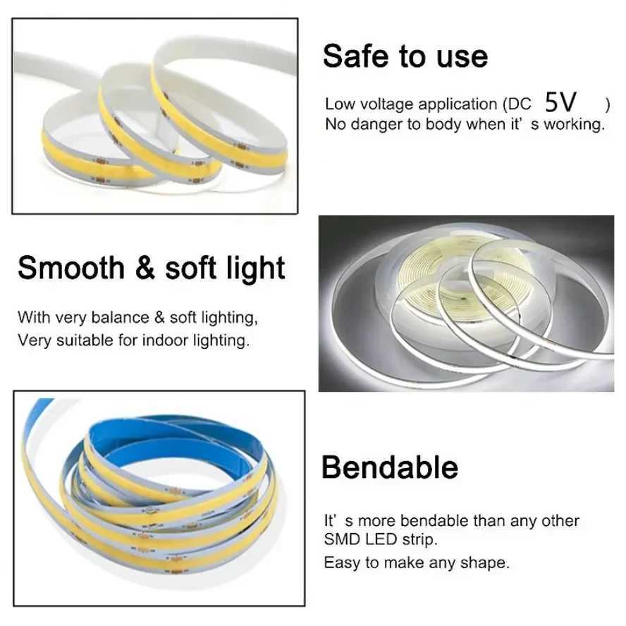 DC 5V USB LED COB Strip White Warm White LED Strip Light TV Background Lighting Tape Home Decor Lamp 1 5m LED String Light C250912