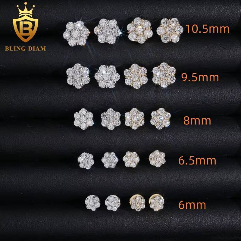 New Style 6105mm Flower Cluster Moissanite Earrings 925 Sterling Silver Moissanite Lab Diamond Screw Back Earrings