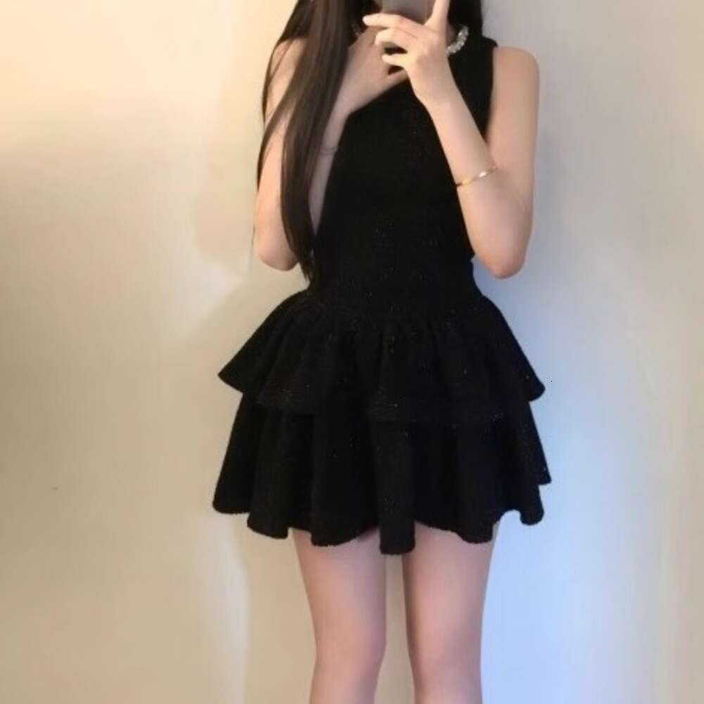 DHEssentials French Style Black Shimmer Vest for Women, High-End Socialite Elegant Waist-Cinching Birthday Cake Short Dress