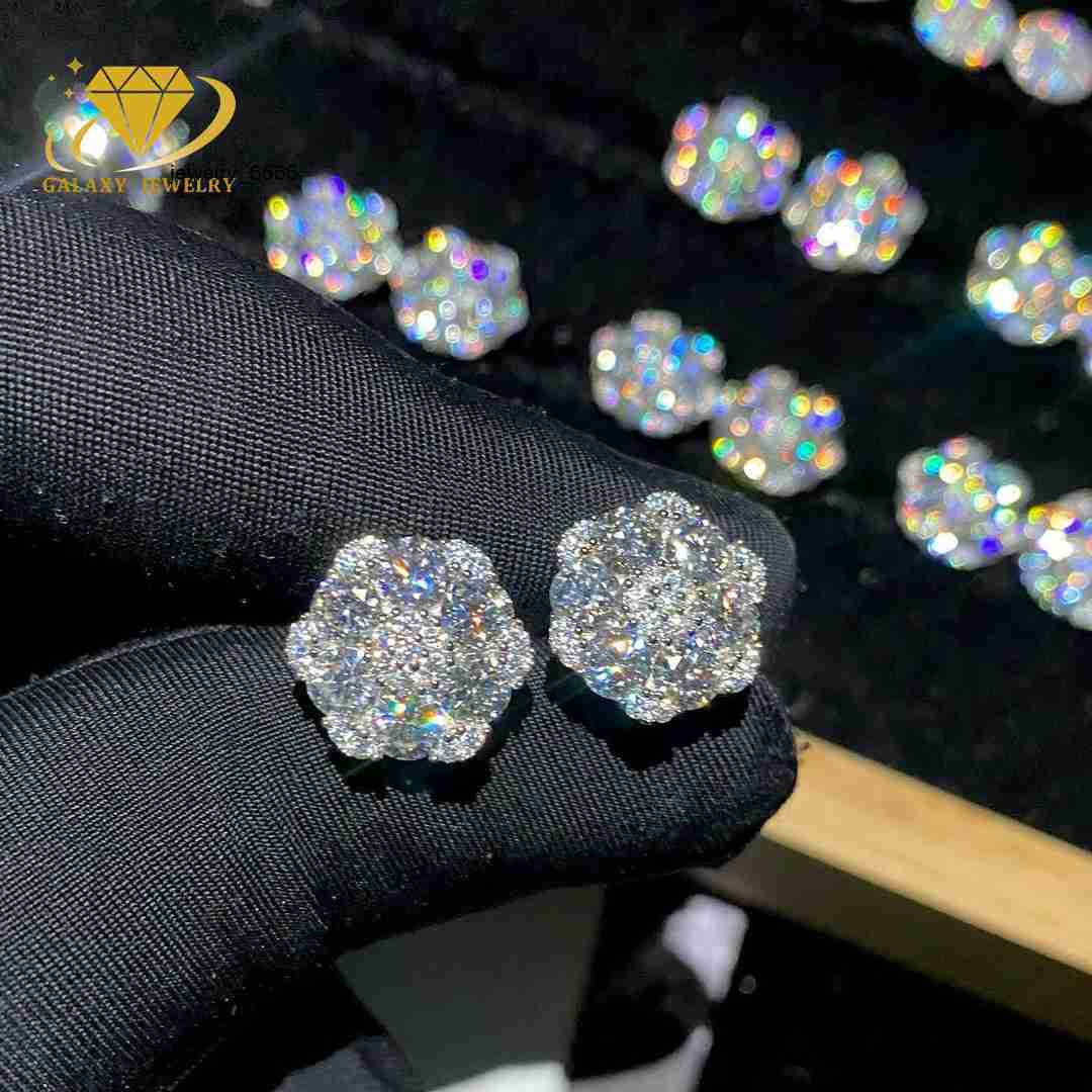 Hotsale Iced Out Hiphop Diamond Earring Silver 925 Vvs Moissanite Stud Earrings Iced Out Cluster Flower Stud Earrings
