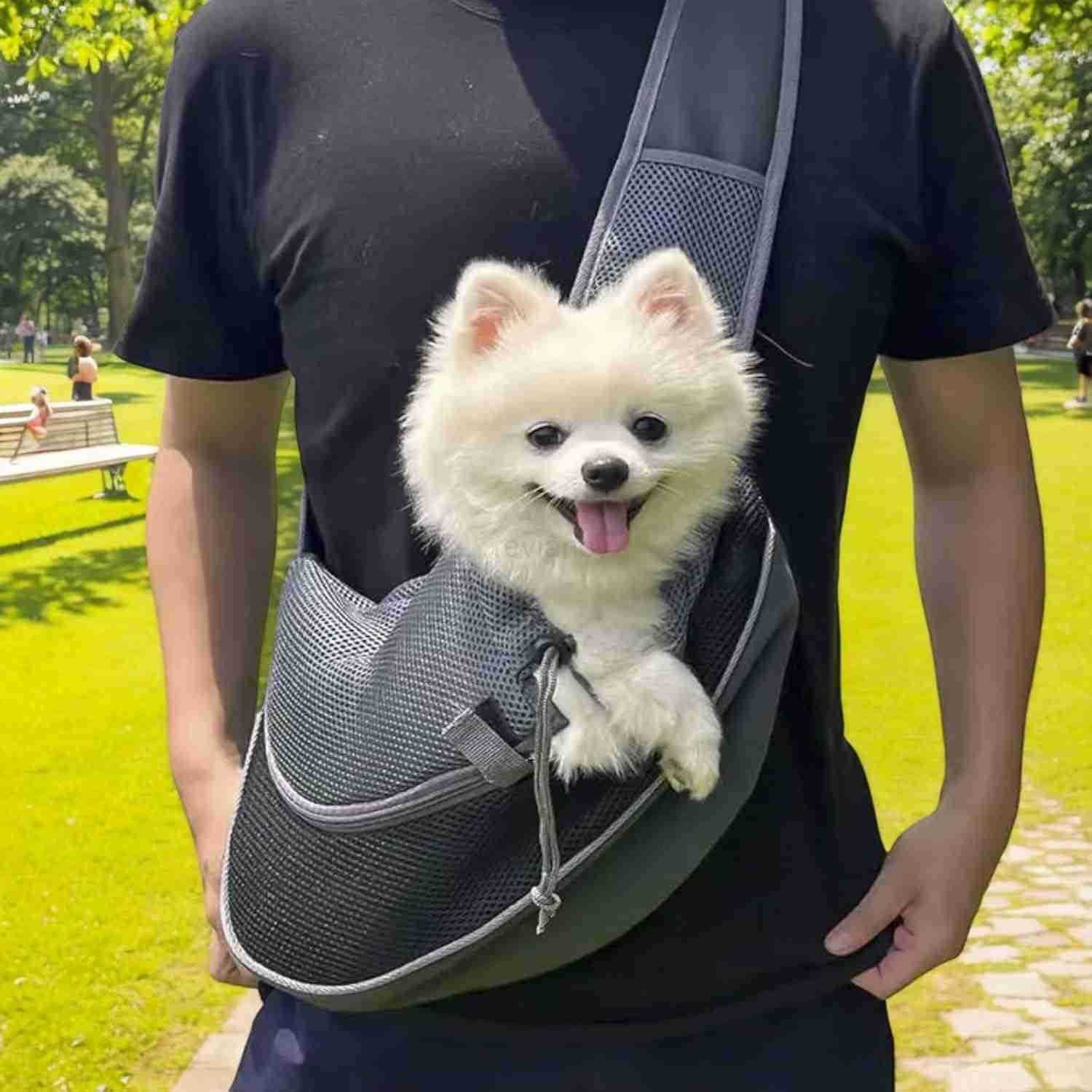 Pet Dog Sling Carrier Hand Free Drawstring Dog Papoose with Adjustable Strap Breathable Mesh Bag for Puppy Cat Crossbody Satchel Dog Purse with Pocket