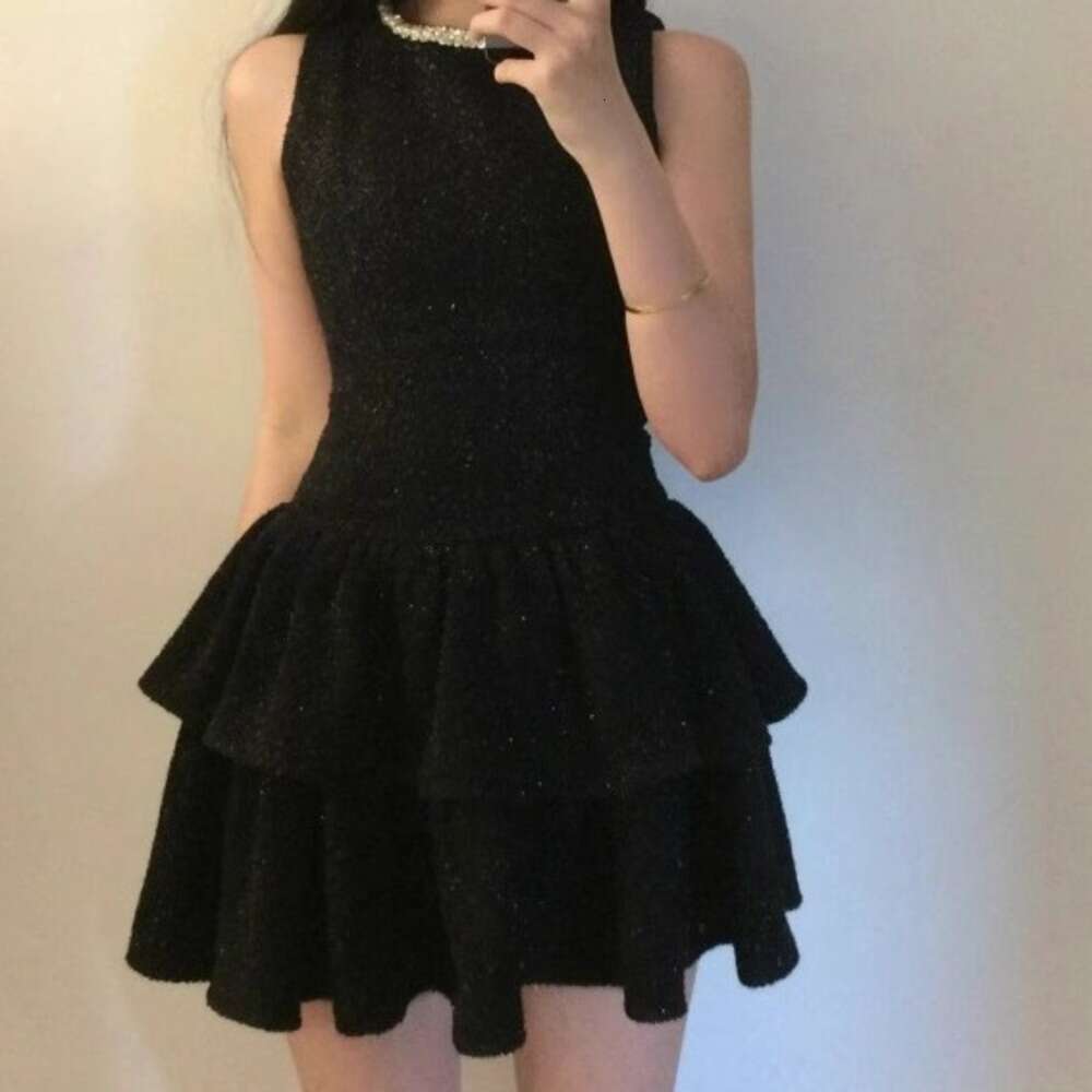 DHEssentials French Style Black Shimmer Vest for Women, High-End Socialite Elegant Waist-Cinching Birthday Cake Short Dress