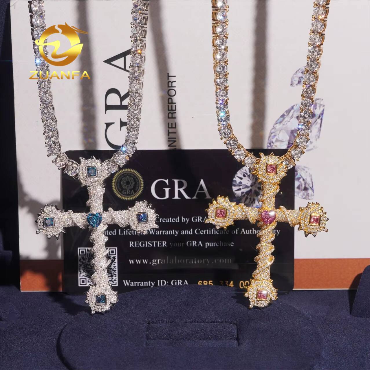 Spicky Cross Pendant Mixed Fancy Cut Sea Blue Pink Moissanite Pendants Iced Out Jewelry Custom Cross Pendant