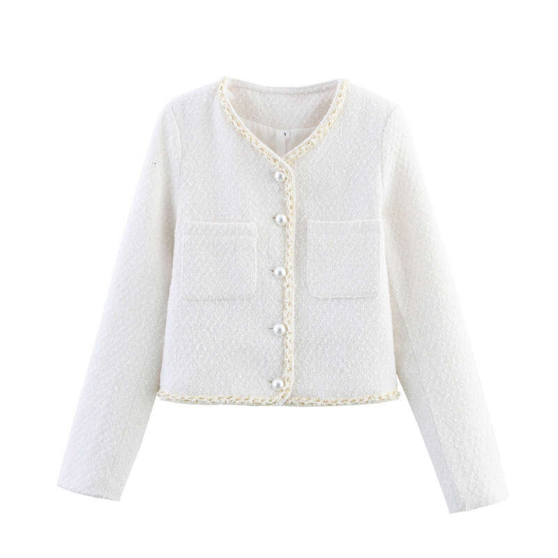 DHEssentials Summer New Women's Fashion Versatile Round Neck Long Sleeve Pocket Pearl Decorated Little Chanel Style Short Jacket
