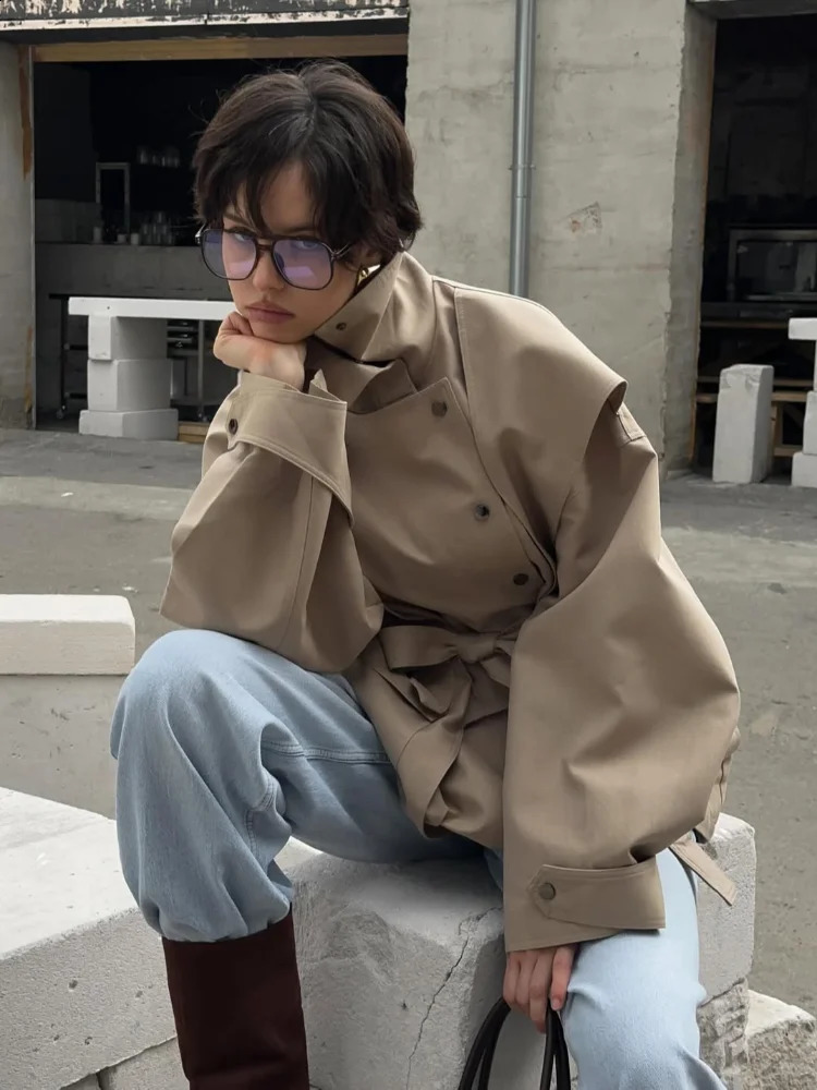 Women Casual Waist Cinching Windbreaker Solid Buttons High Neck Long Sleeve Singlebreasted Coats Lady Outwear 250911