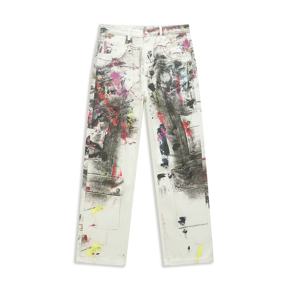 Men's Jeans New Digital Print Loose Jeans, Trendy Artistic Splash & Faded Style Denim Pants