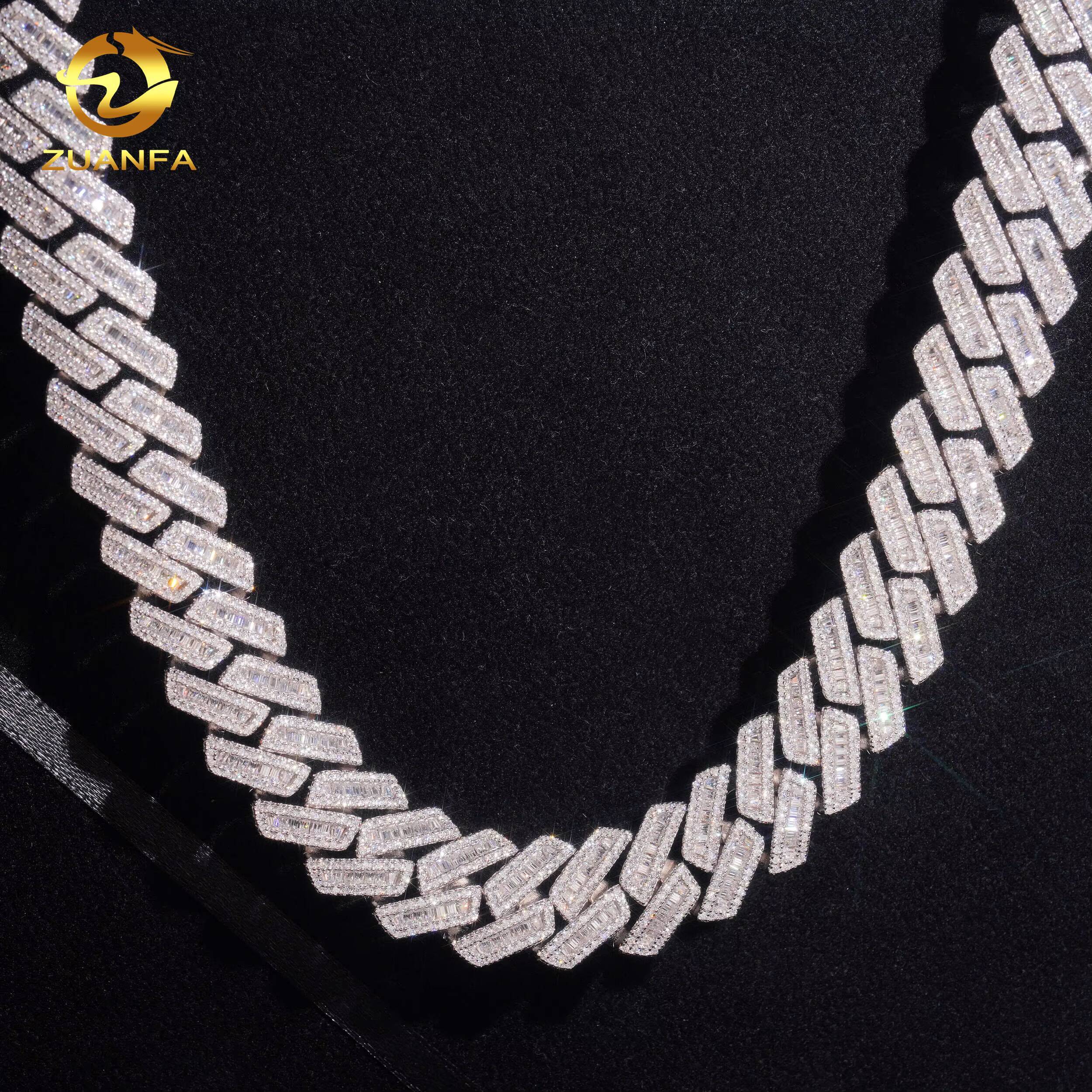 USA Local Stock Fast Shipping18mm Baguette Moissanite Pass Diamond Test 925 Silver Gold Plated Cuban Link Chain