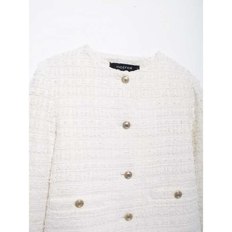 DHEssentials Autumn Winter Women's Little Chanel Beige Textured Round Neck Long Sleeve 2024 New Style Coat